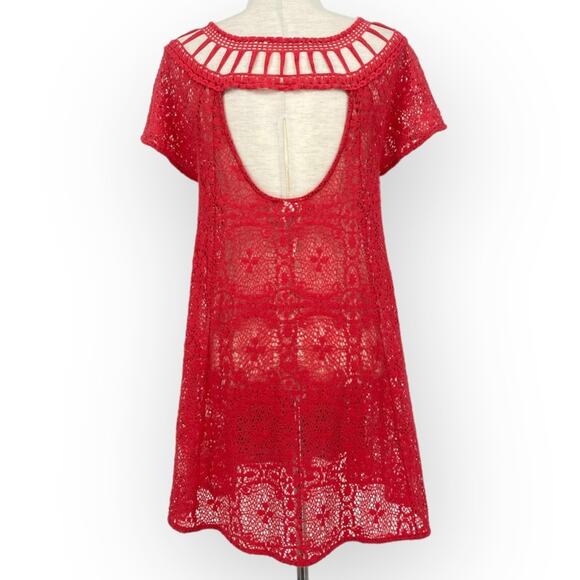 FREE PEOPLE Coral Red Eyelet Cut Out Sheer Boho Mini Dress Size Medium Cover Up - Picture 4 of 6